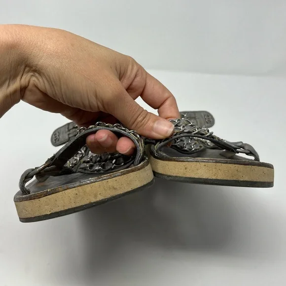 SOLD// Chanel Silver Metallic Chain Dad Sandals CC Logo Leather 40C 40 9 9.5 - Picture 7 of 14
